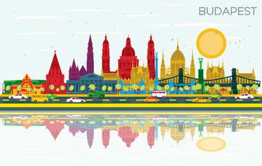 Budapest Hungary City Skyline with color Buildings, Blue Sky and Reflections. Illustration. Business Travel and Tourism Concept with Historic Architecture. Budapest Cityscape with Landmarks.