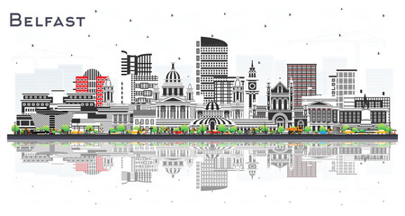 Belfast Northern Ireland City Skyline with Color Buildings and reflections Isolated on White. Illustration. Belfast Cityscape with Landmarks. Travel and Tourism Concept with Historic Architecture.