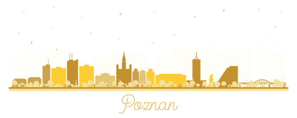 Poznan Poland City Skyline silhouette with golden Buildings isolated on white. Illustration. Poznan Cityscape with Landmarks. Business Travel and Tourism Concept with Historic Architecture.