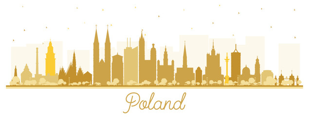 Poland City Skyline silhouette with golden Buildings isolated on white. Illustration. Concept with Modern Architecture. Poland Cityscape with Landmarks. Warsaw. Krakow. Lodz. Wroclaw. Poznan.