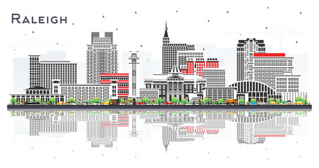 Raleigh North Carolina City Skyline with Color Buildings and reflections Isolated on White. Illustration. Raleigh Cityscape with Landmarks. Business Travel, Tourism Concept with Modern Architecture.
