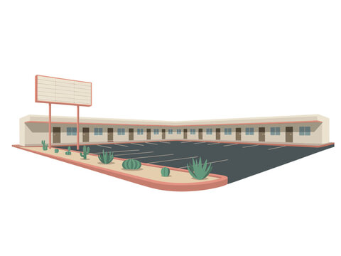 Vintage roadside motel building, long single story row, blank signboard, drive up rooms, desert style parking, vector graphic