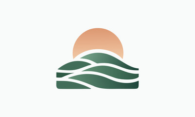 Minimalist logo design of sun and hills