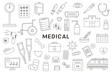 医療　落書き風　病院　健康　ヘルス　メディカル　イラスト　ベクター　セット　白バック　線　注射