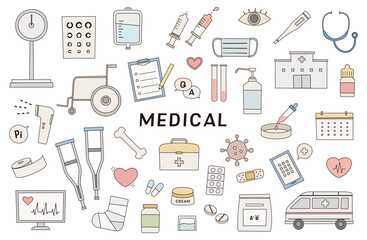 医療　落書き風　病院　健康　ヘルス　メディカル　イラスト　ベクター　セット　白バック　線　注射