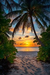 Fototapeta premium Tropical Sunset Beach Palm Trees Sand Footprints Orange Sky