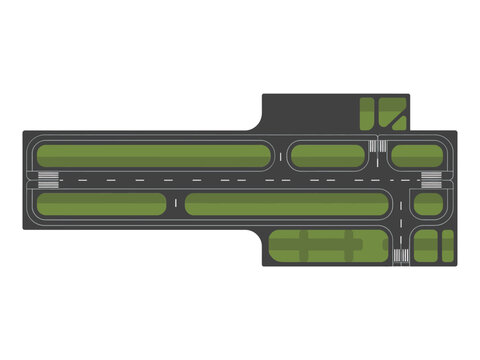 Airport runway layout top view, taxiway network, control road lanes, aviation infrastructure plan, map tile vector illustration