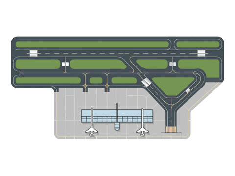 Airport map with terminal building, runways and taxiways, parking apron, aviation schematic layout, transport vector illustration