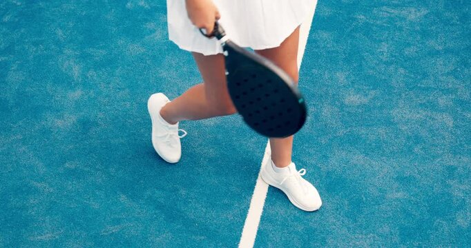 Fitness, legs and woman with paddle on tennis court for serving with practice, match or workout. Sports, athlete and female person playing game with racket for exercise, training or hobby outdoor.