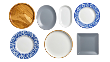 Assorted empty plates of wood, white, gray, and blue designs