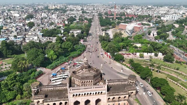 Aerial 4k shot of Rumi Darwaza at Husainabad, Lucknow, Uttar Pradesh, India
