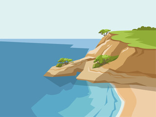 Ocean viewpoint illustration, high cliff over blue water, distant islands, scenic panorama, summer travel poster style, vector graphic