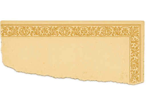 Torn vintage paper with ornamental border and empty space, beige antique scroll frame, transparent background