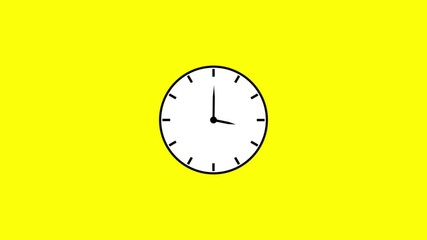 Digital round clock with moving arrows in 12 hour loop. Animation of 12 hours classic clock on yellow background. 4k video - Powered by Adobe