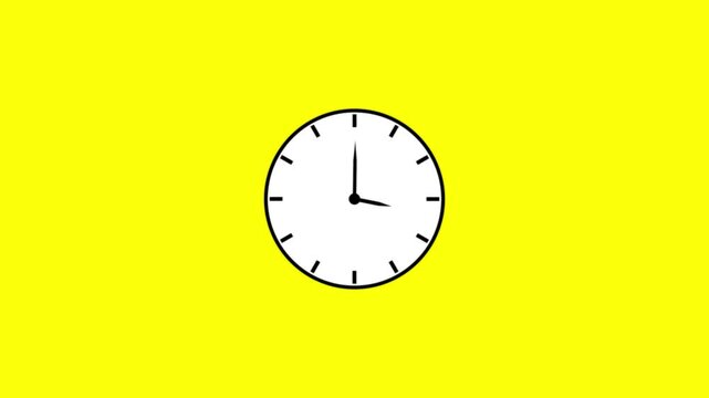 Digital round clock with moving arrows in 12 hour loop. Animation of 12 hours classic clock on yellow background. 4k video