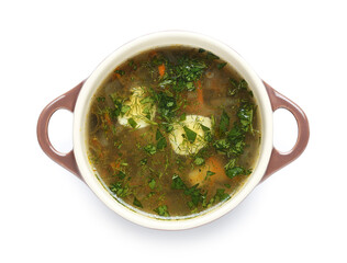 Pot of tasty green borscht with egg on white background