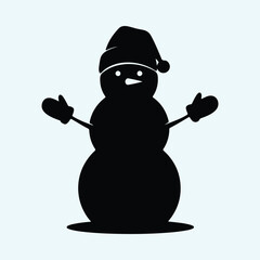 Vector black snowman wearing hat with mittens silhouette illustration