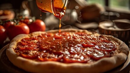 Pouring tomato sauce on pizza - Powered by Adobe