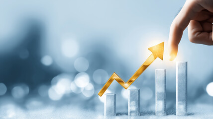 A hand steering an upward arrow across steps, depicting progress management, goal achievement and confident leadership toward results.
