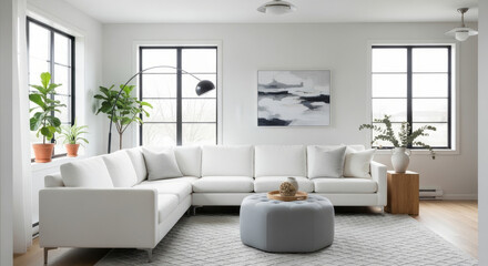 Fototapeta premium Modern and bright living room with white sofa and large windows