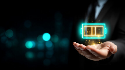 A virtual battery floating above a hand, conveying efficient energy management, sustainable power storage and clean technology solutions.
