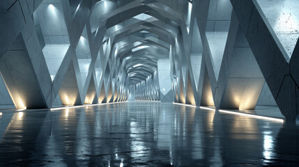 Modern geometric concrete corridor with reflective floor