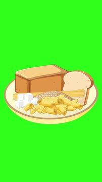 Assorted Carbohydrate Foods Arranged on Plate with Green Background