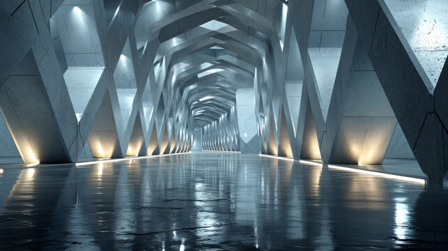 Modern geometric concrete corridor with reflective floor - Powered by Adobe