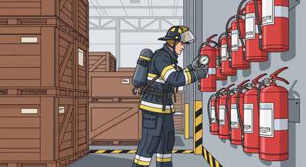 Firefighter ensuring readiness by diligently inspecting fire extinguishers in storage