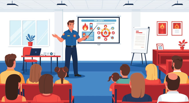Firefighter conducts fire safety training for students in auditorium illustration