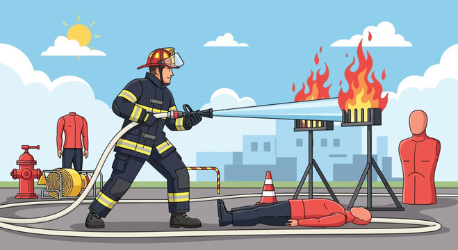 Firefighter demonstrates extinguishing techniques during safety training exercise