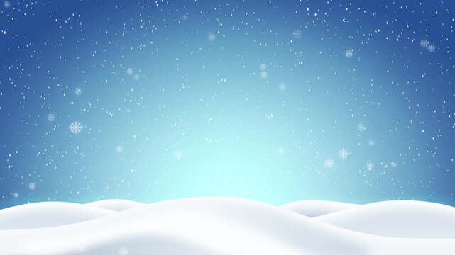 4k Animation Winter landscape with white snow falling on blue background