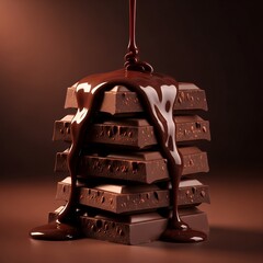 Delicious close up of thick melted chocolate dripping smoothly over stacked chocolate bars, highlighting rich texture and indulgence ideal for dessert, sweet food, and confectionery concepts