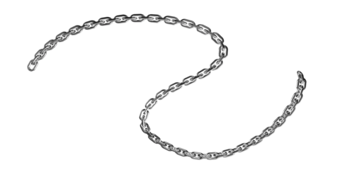 Abstract flowing silver metal chain forming a decorative elegant curve on a black background isolated on transparent background