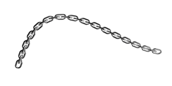 Curved silver chain links gleaming with light isolated on a dark backdrop isolated on transparent background