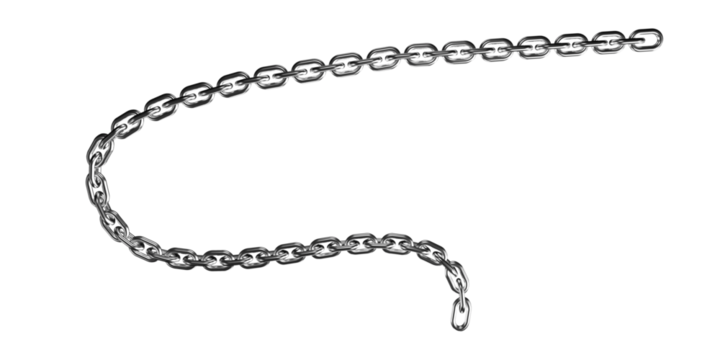 Metal chain links curved shape abstract background industrial object close up detailed texture isolated on transparent background