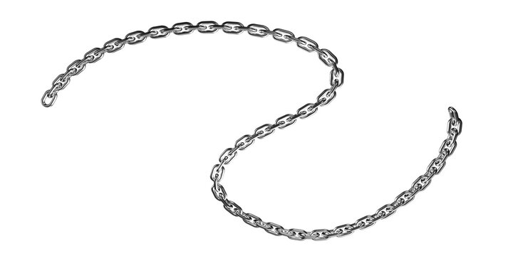 Abstract flowing silver metal chain forming a decorative elegant curve on a black background isolated on transparent background
