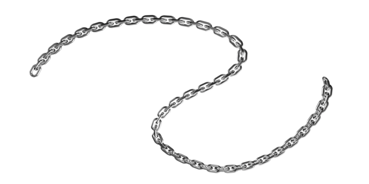 Abstract flowing silver metal chain forming a decorative elegant curve on a black background isolated on transparent background