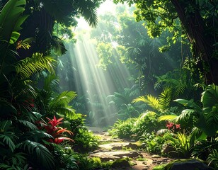 Lush jungle scene with sunbeams illuminating a forest path