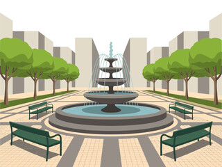 Urban park fountain scene, tree lined boulevard, benches around circular basin, cityscape background, public plaza illustration, vector © BlackVault Designs