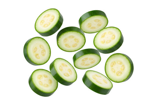 Floating zucchini slices, fresh vegetable, healthy, delicious food, vegetarian diet, isolated on white or transparent background. PNG