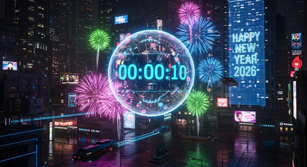 Futuristic City Countdown to New Year with Fireworks Display