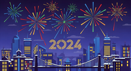 Fireworks Over City Skyline Celebrating New Year 2024
