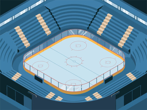 Indoor ice hockey arena illustration, rink markings, goal nets, blue seating tiers, illuminated scoreboard, winter sports venue
