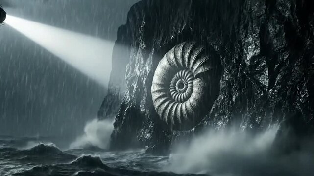 A spotlight illuminates a large fossil embedded in a cliff face during a storm at sea.