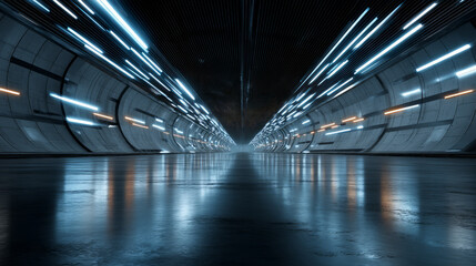 Futuristic tunnel with glowing lights and reflective floor