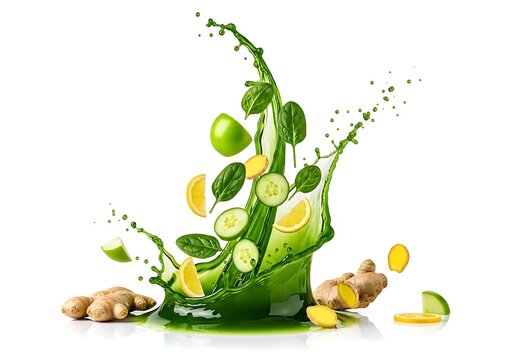 A vibrant green liquid splash with fresh apple, cucumber slices, lemon, and ginger, isolated on white background