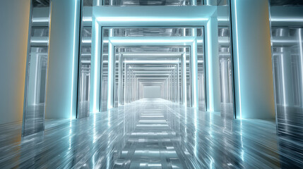 Modern and futuristic corridor with glowing blue lights