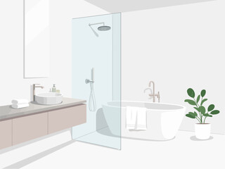 Bright contemporary bathroom, glass shower enclosure, freestanding tub, floating vanity cabinet, indoor plant, spa style home interior