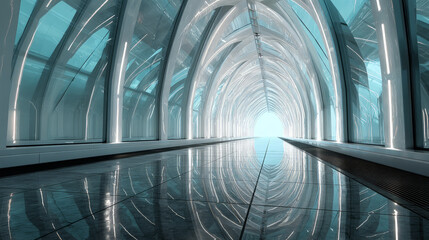 Modern and futuristic glass tunnel with reflective floor